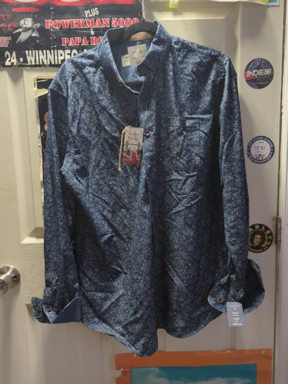 Mens Shirt-RUE SAINT-PATRICK-MONTREAL-blue/white patterned long sleeve- Large